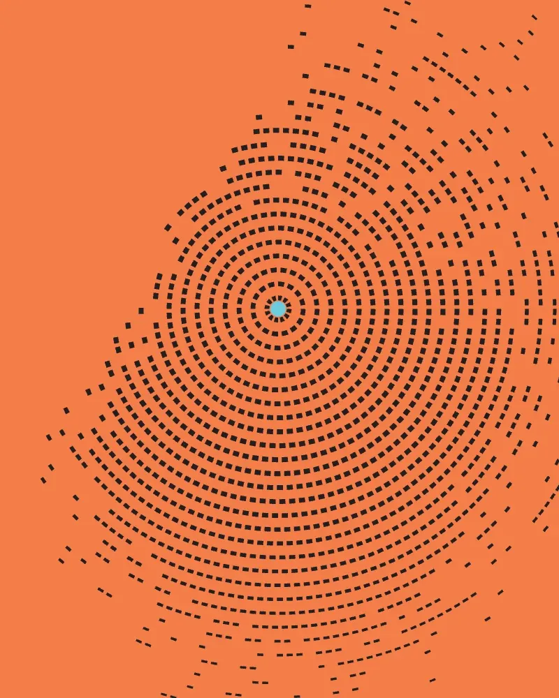 A plate of concentric rings of dots on an orange ground, with a cyan accent.