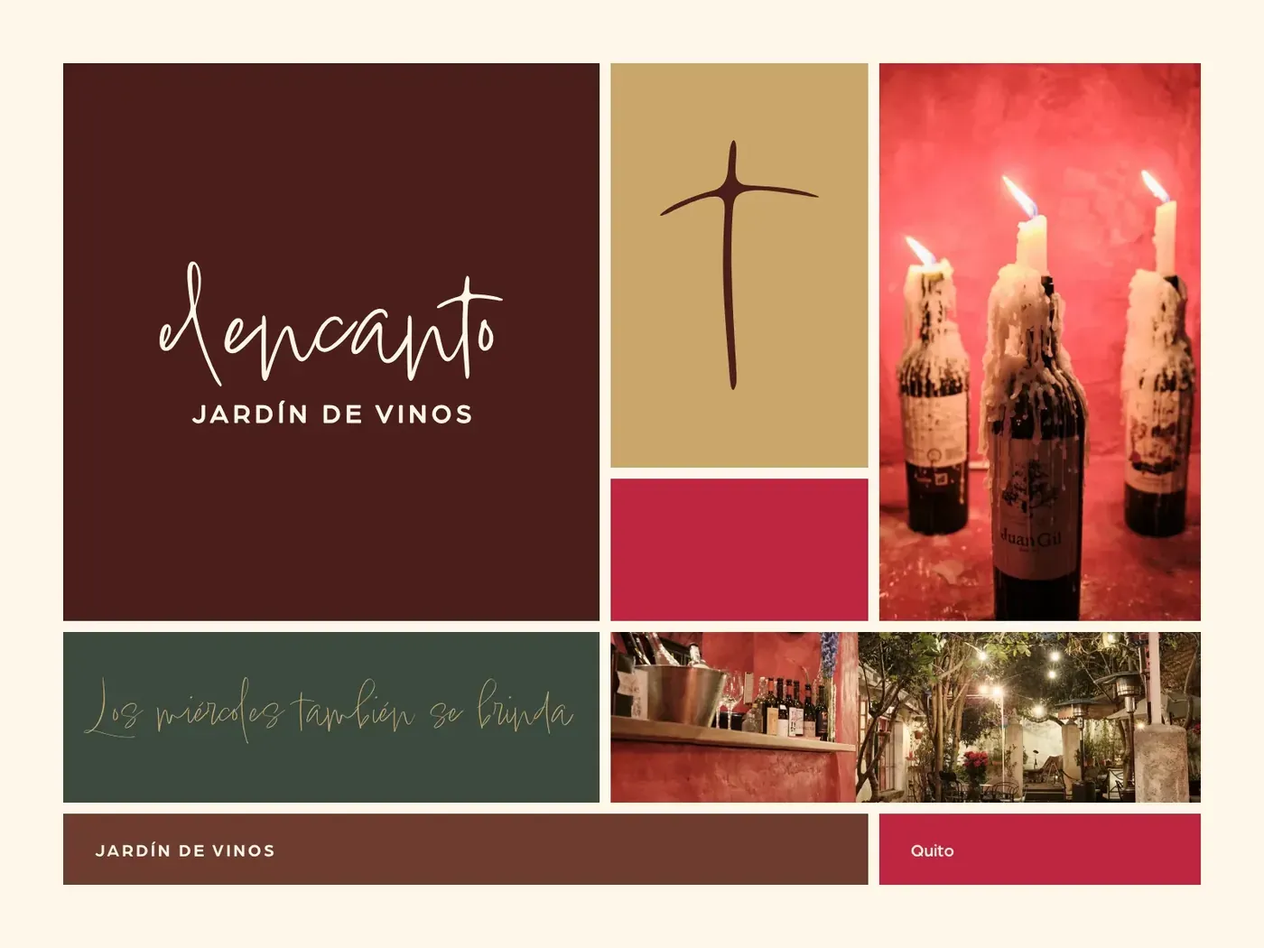 El Encanto brand board: the cream wordmark on deep brown, the brown t on gold, a red block, the gold script on grass green, a brown strip and two photographs of candles and the garden.