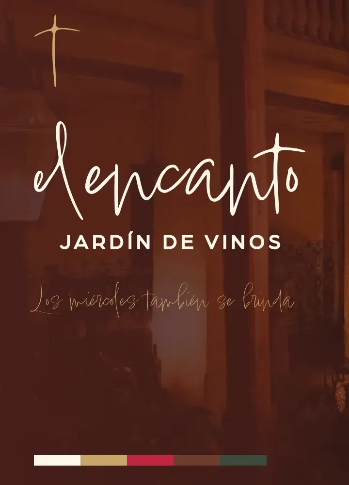 El Encanto night board: a gold t, the cream wordmark and the gold script line over a dark courtyard photograph, with a strip of five colours below.