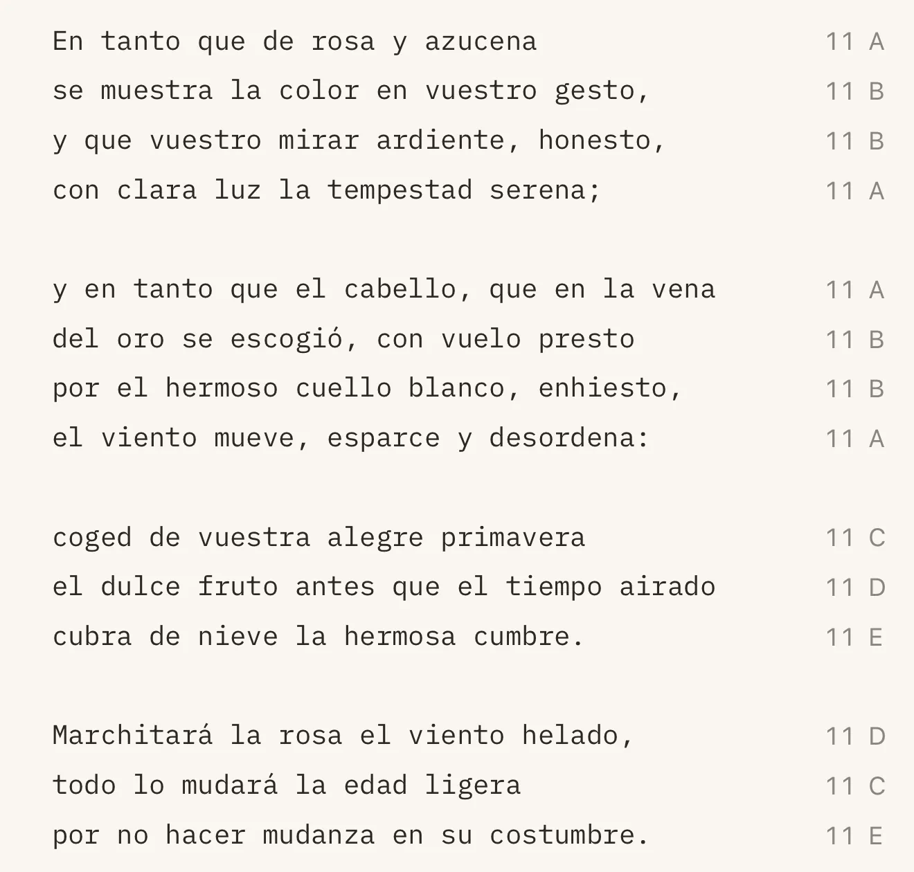 Escriba on an iPhone: the sonnet full width, with 11 and a rhyme letter at the right of every line.