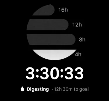 An Apple Watch screen: the Fastrack mark as four bars in a circle, the bottom one nearly full, labels 4h, 8h, 12h and 16h beside the bars, the time 3:30:33 and Digesting under it.