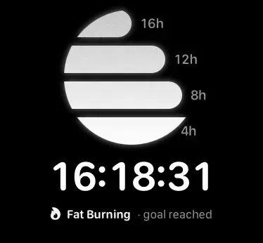 The watch screen at 16:18:31: all four bars lit and glowing, Fat Burning, goal reached under the time.
