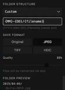 Photo Importer’s output panel: Folder structure Custom, the pattern {MM}-{DD}/{filename}, JPEG selected, and a folder preview starting 2019/04-09/ Quito-2019.jpg.