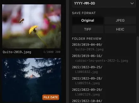 Two photographs, one marked FILE DATE in orange, beside the output panel with the pattern YYYY-MM-DD and a preview starting 2019/2019-04-09/.