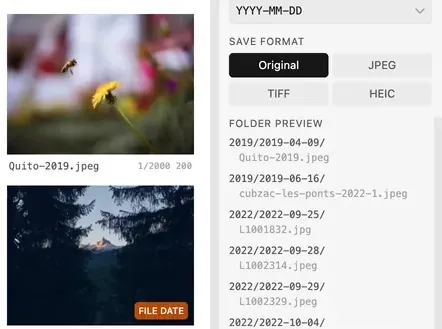 Two photographs, one marked FILE DATE in orange, beside the output panel with the pattern YYYY-MM-DD and a preview starting 2019/2019-04-09/.