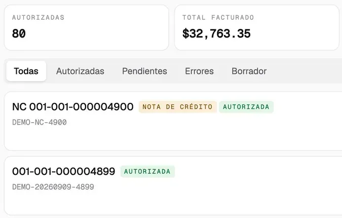 Mantel’s Facturas list: counters for the facturas authorised and the total invoiced, tabs for each state, and two numbered rows, a nota de crédito and a factura, both marked AUTORIZADA.