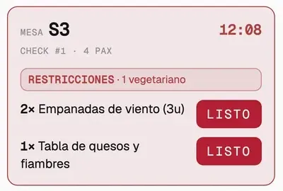 Mantel kitchen display: a ticket for table S3, check 1, four guests, with a vegetarian restriction and two dishes, each with a LISTO button.