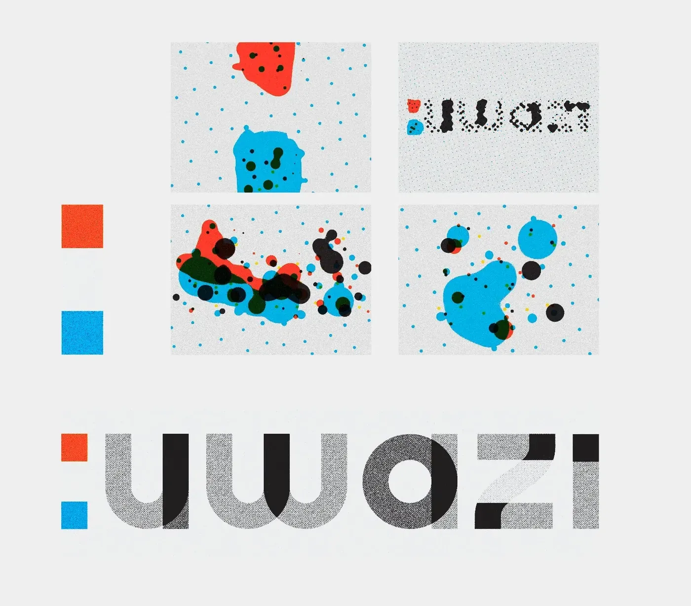 The Uwazi brand board: two colour squares stacked, grain-printed tiles of blots and dots, and the wordmark with the squares at its left.
