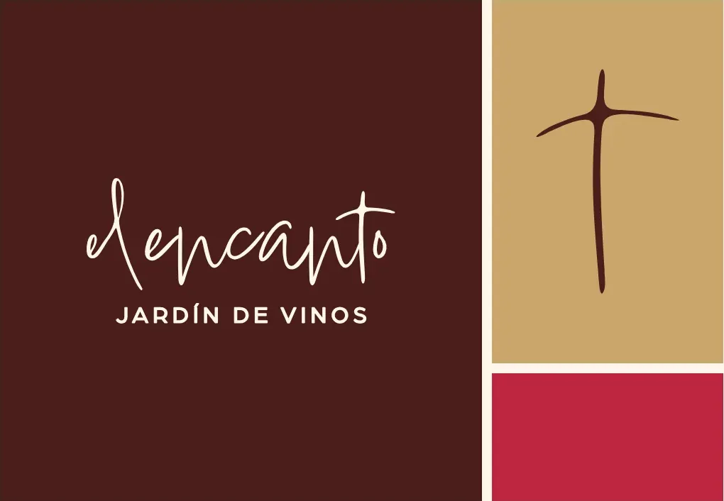 Part of El Encanto’s brand board: a deep brown block with the script wordmark over small capitals, a gold block with a thin cross, and a crimson block.