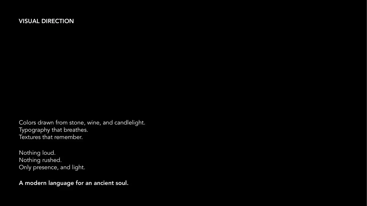 A page of El Encanto’s brand deck, white text on black: Visual direction, a paragraph on colour, type and texture, and a closing line.