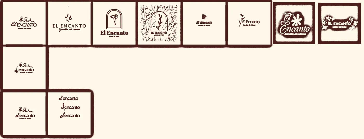 A sheet of name treatments for El Encanto in one brown ink: type only, type with a flower, arched badges and rough seals.