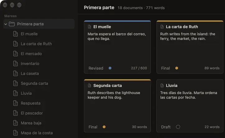 Escriba’s corkboard: four of its eighteen document cards, each with a title, an excerpt, a status and a word count, beside a tree of the same documents.