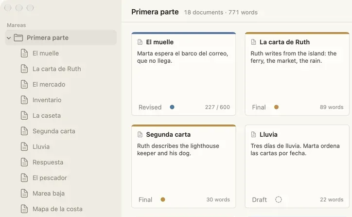 Escriba’s corkboard: four of its eighteen document cards, each with a title, an excerpt, a status and a word count, beside a tree of the same documents.