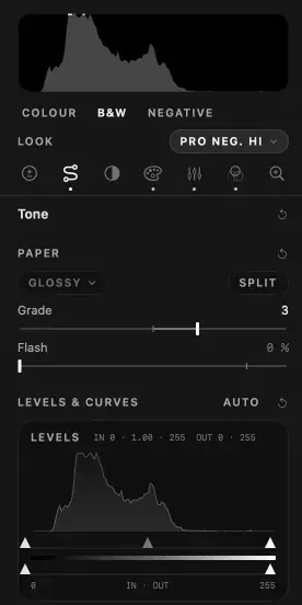 Umbra’s side panel: a histogram of a night photograph, bunched to the left, and below it the Levels histogram with its scale from 0 to 255.