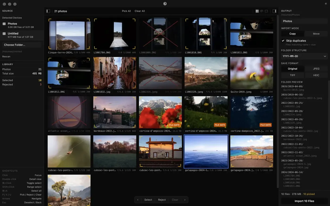 Photo Importer: a sidebar of sources, a grid of 21 photos with some picked and some rejected, an output rail on the right and a floating bar at the foot.