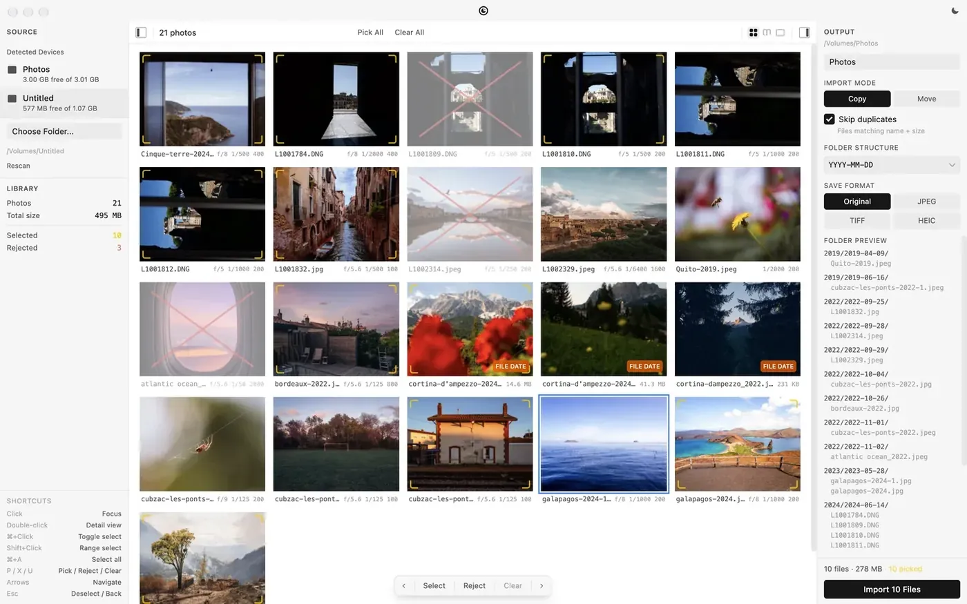 Photo Importer: a sidebar of sources, a grid of 21 photos with some picked and some rejected, an output rail on the right and a floating bar at the foot.