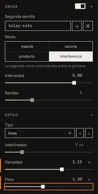 The Placas control panel: a toggle, four mode buttons, sliders and a select in a column, one slider with an orange ring.