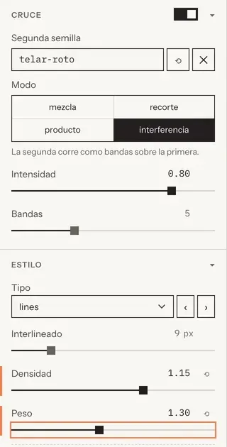 The Placas control panel: a toggle, four mode buttons, sliders and a select in a column, one slider with an orange ring.