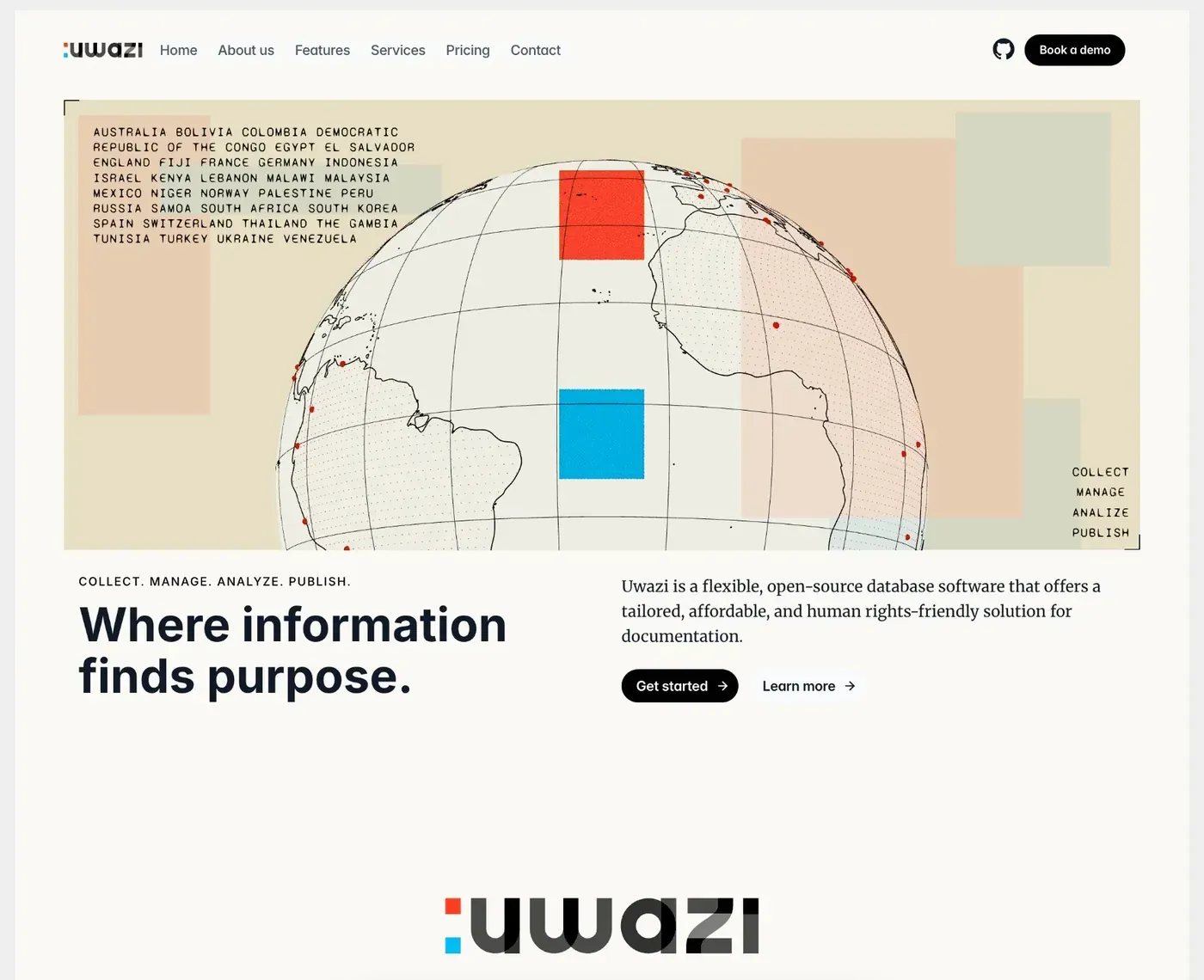 The Uwazi site’s first screen: a top bar with links and a black button, a wide art band with a globe, a large headline, a paragraph and two buttons.