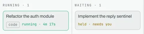 Two columns of a board, Running and Waiting; in Waiting, a card reading Implement the reply sentinel, held, needs you.