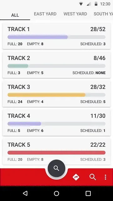 Railcar Management on a phone: tabs for each yard and five track cards, each with a fill bar, its full, empty and scheduled counts, the last one red and full.