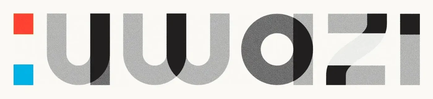 The uwazi wordmark in grey and black, with a red and a blue square in front of it as a colon.