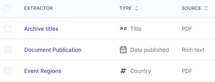 Uwazi settings, Metadata Extraction: a table of extractors with their property type and source.
