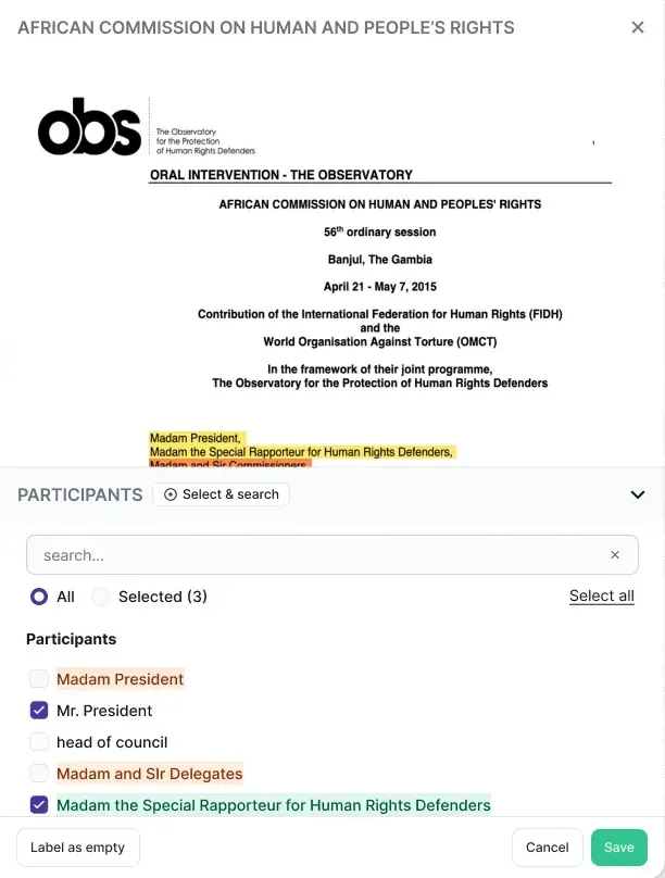 A document drawer: a page of a PDF with highlighted lines above a field of options with checkboxes, two ticked, and Save.