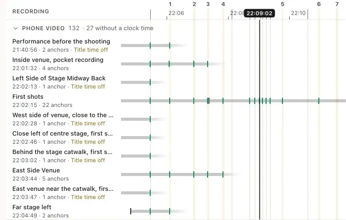 The Sync view: a ruler of numbered moments over rows of recordings, each a grey bar with green ticks, and a black playhead.
