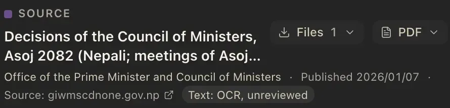 A document header with Files and PDF buttons: Decisions of the Council of Ministers, Asoj 2082, issued by the Office of the Prime Minister and Council of Ministers, published 2026/01/07, a source link and a Text: OCR, unreviewed label.