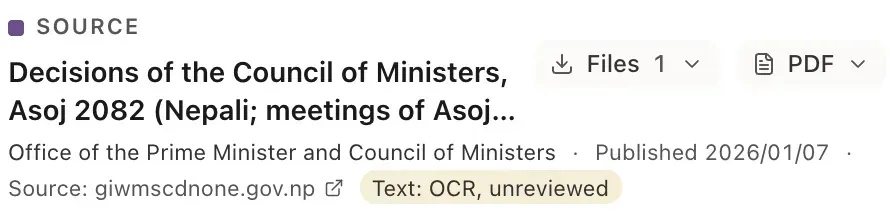 A document header with Files and PDF buttons: Decisions of the Council of Ministers, Asoj 2082, issued by the Office of the Prime Minister and Council of Ministers, published 2026/01/07, a source link and a Text: OCR, unreviewed label.