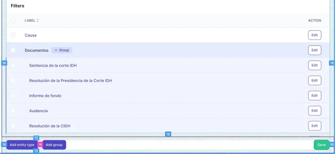 Uwazi settings: a Filters table of labels with checkboxes and Edit buttons, one grouped, and a bar at the foot with Add entity type, Add group and Save.