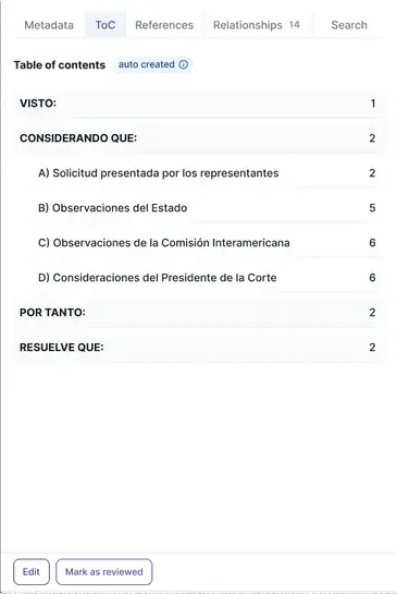 A side panel with tabs Metadata, ToC, References, Relationships and Search, showing a table of contents with page numbers, and Edit at its foot.