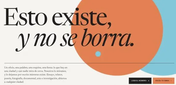 Víctimas de la Cultura home page: the headline “Esto existe, y no se borra.” over an orange and a blue disc, and a short lede under it.
