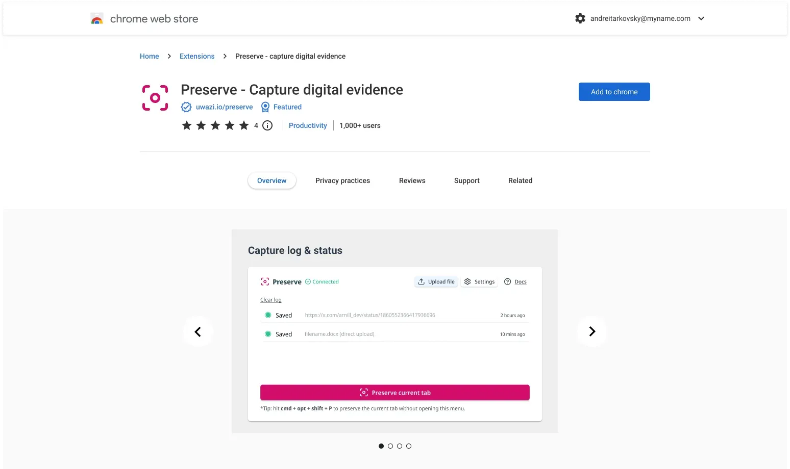 Chrome Web Store listing for the Preserve extension