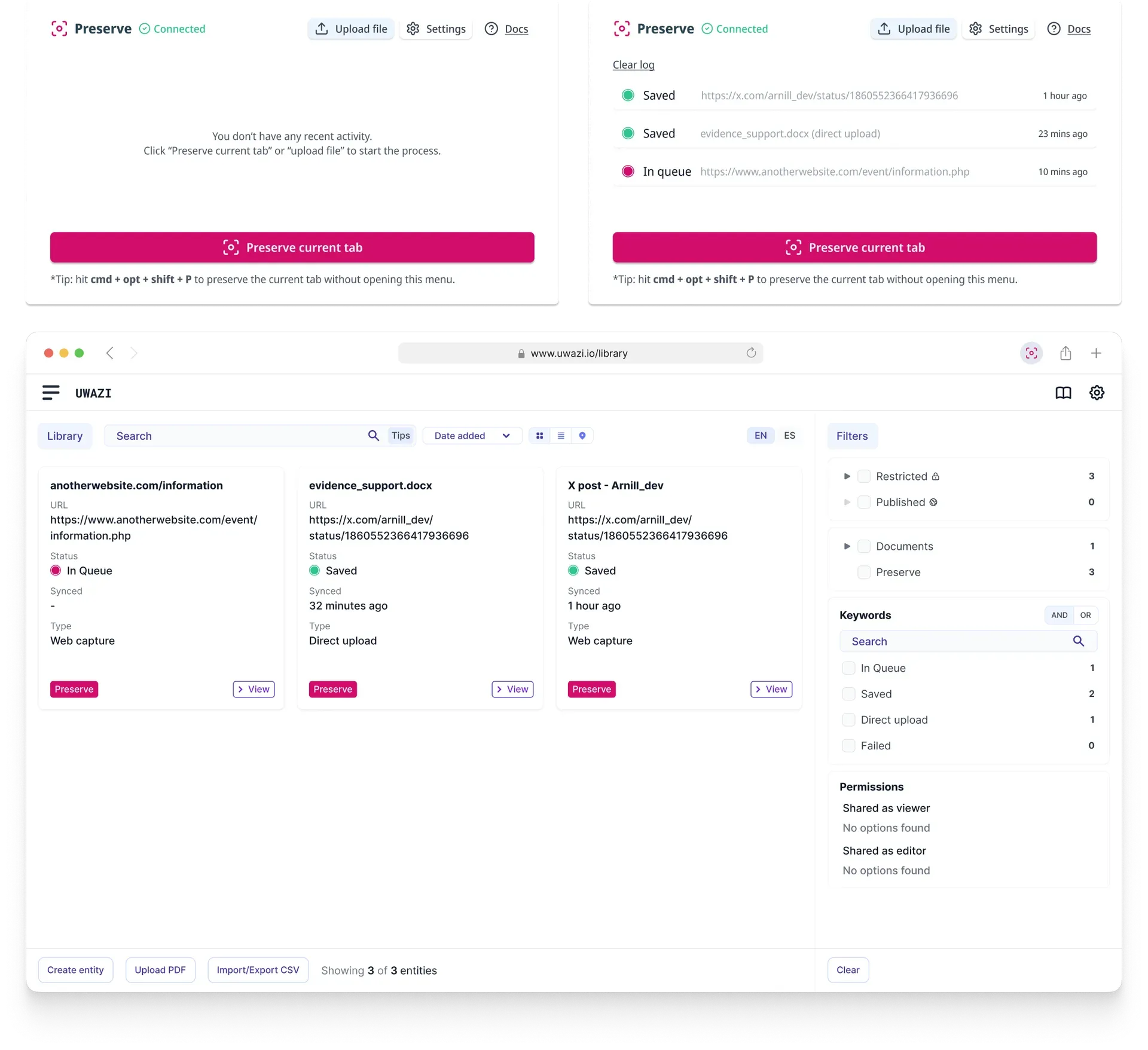Integration with Uwazi, showing how the extension captures evidence and syncs with the platform