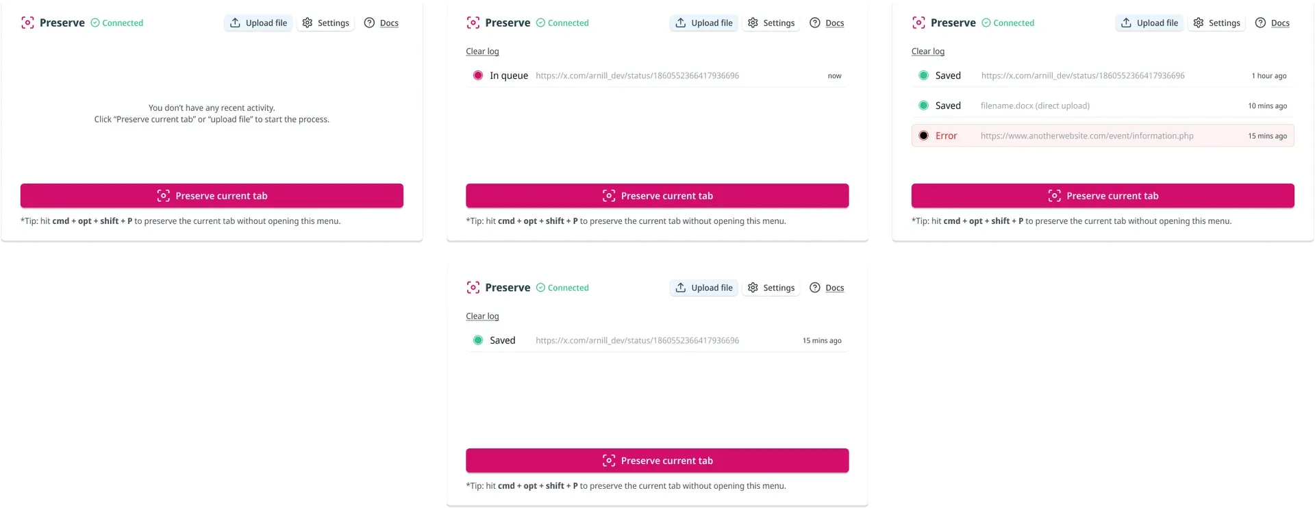 Capture status indicators showing success or failure within the extension