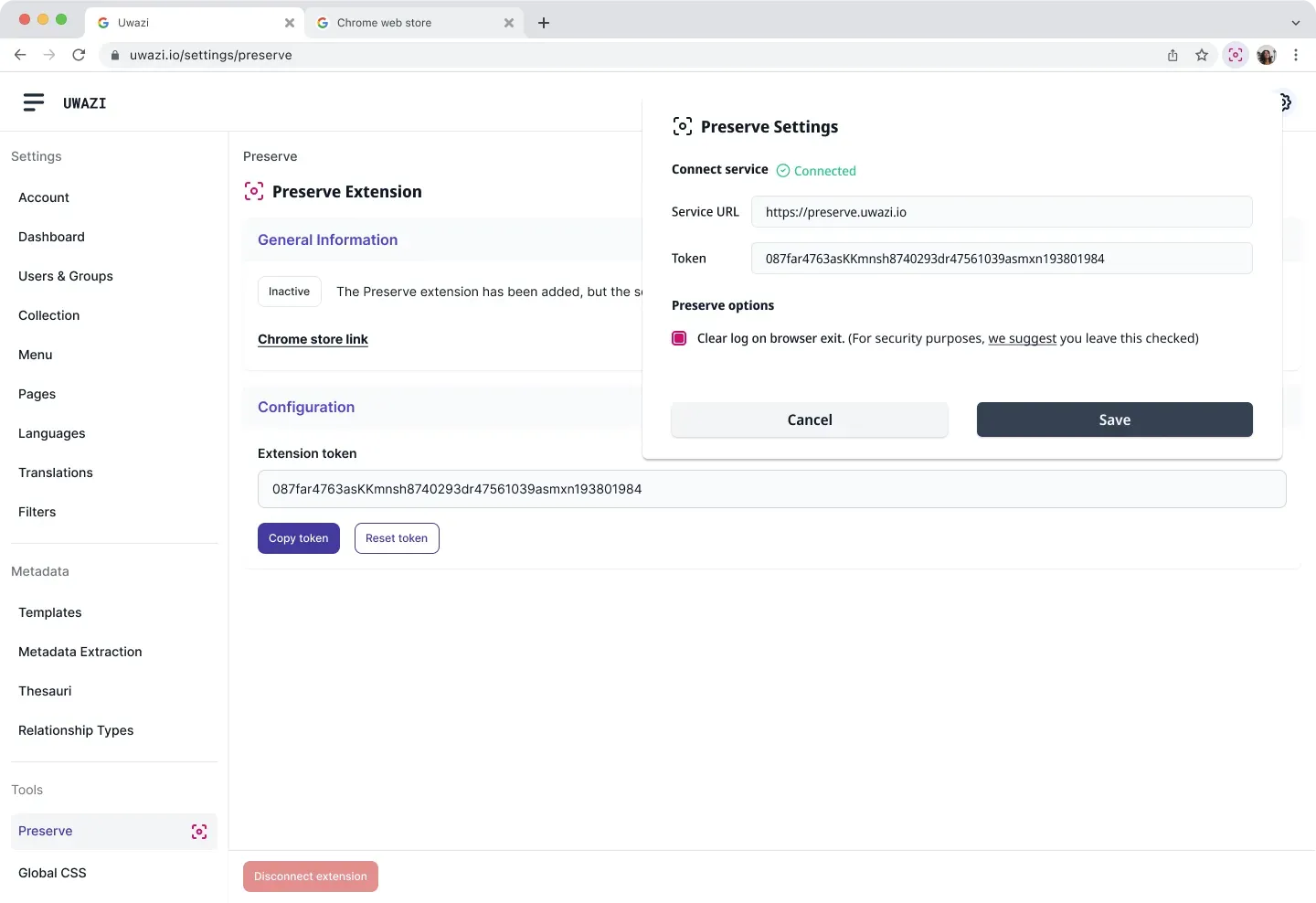 Preserve setup with a generated token, between Uwazi and the browser extension