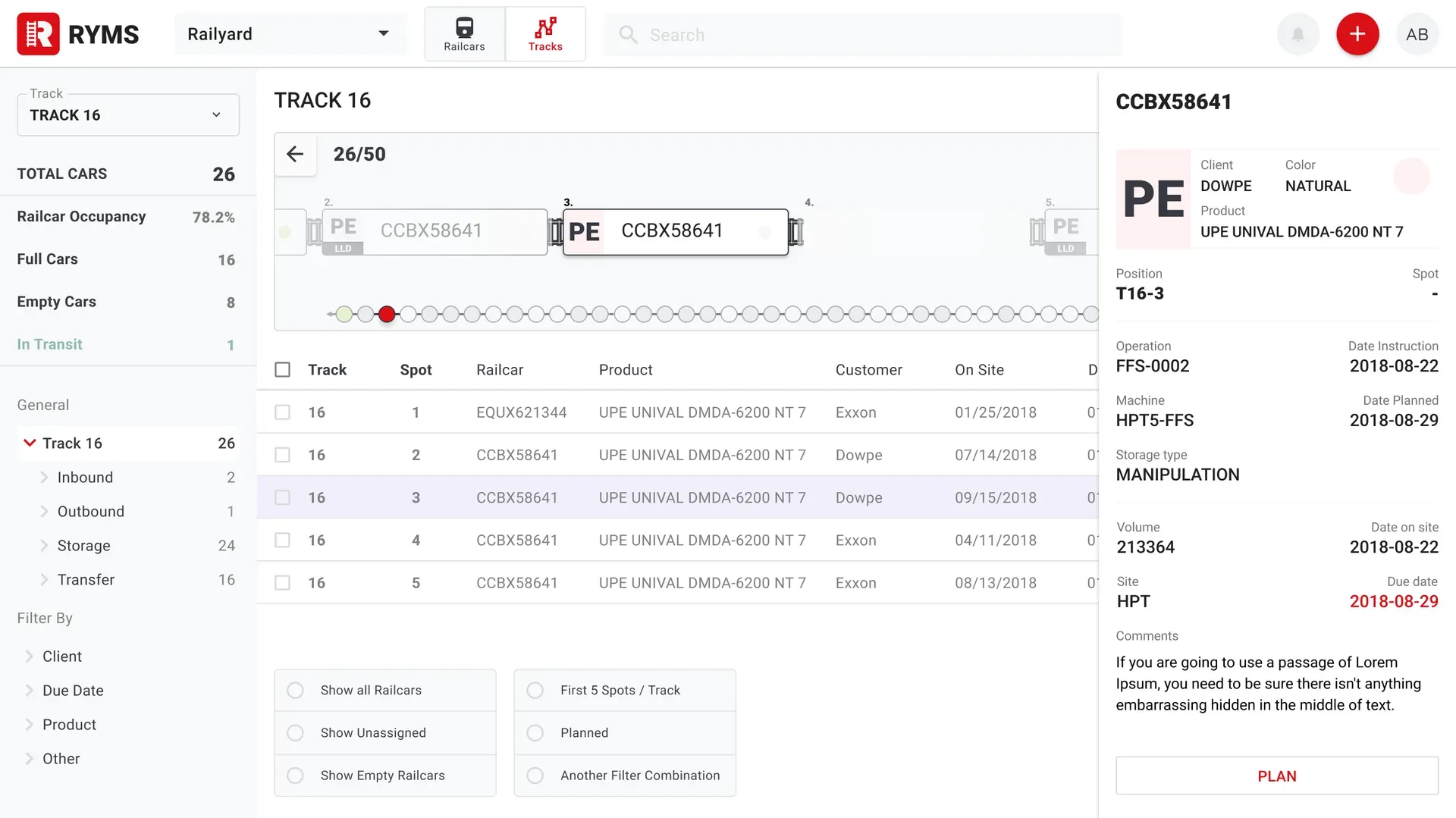 Railyard interface showing railcars locations and status across a single track with railcar details