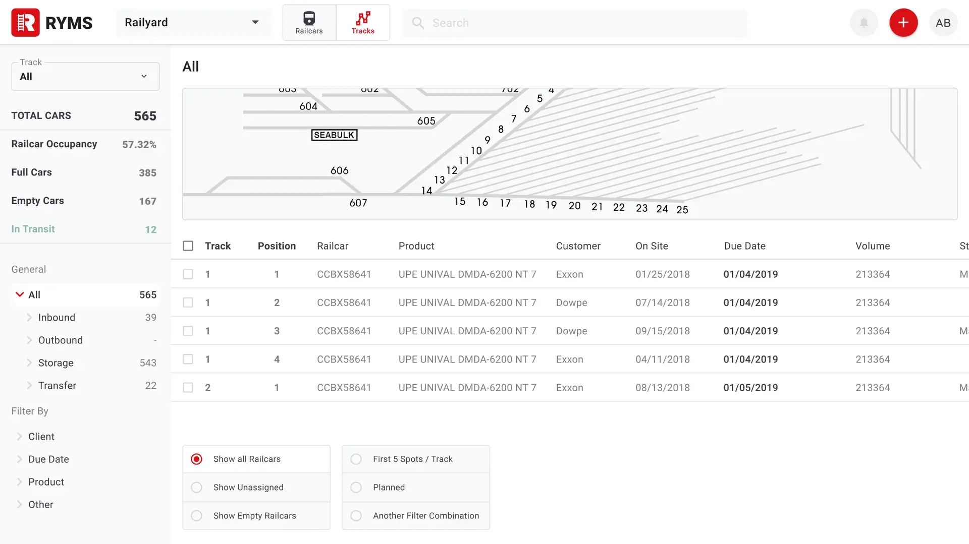 Railyard interface showing railcars locations and status across the yard