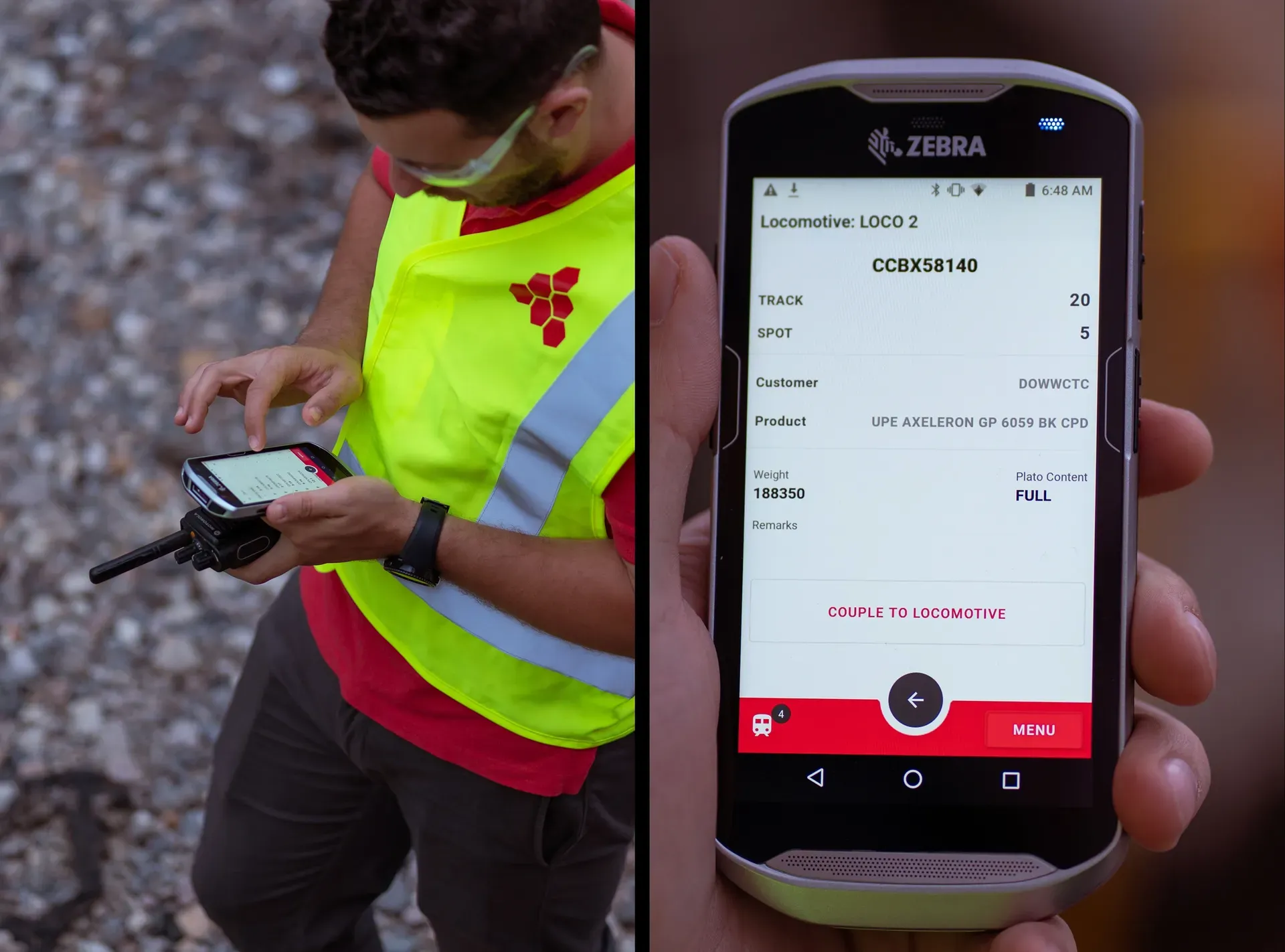 Photo of a field operator using the mobile app to track railcars and machinery
