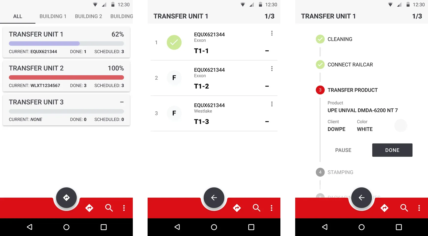 Transfer Unit information screens of the mobile app