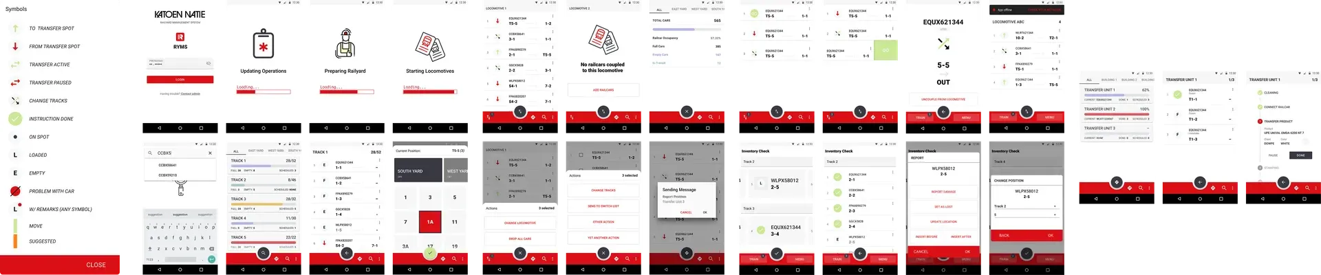 Management interface of the mobile app showing tracks, railcar, product and silo information