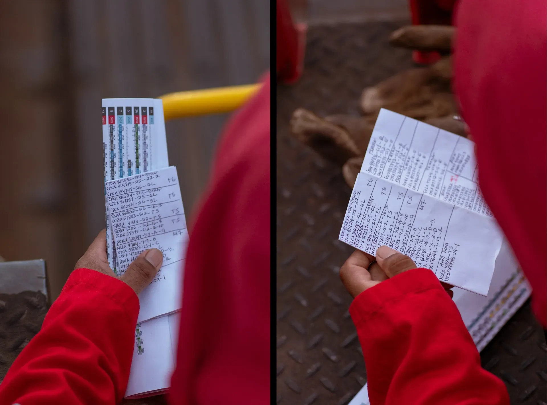 Photo of a field operator holding a paper plan with railcar and silo information