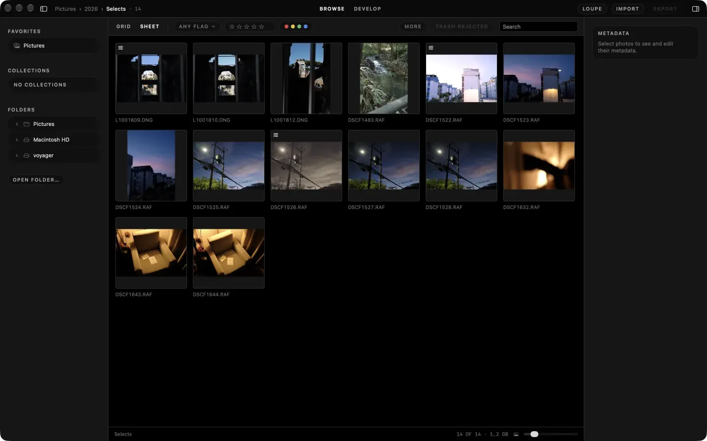 Browse in the Sheet view, dark appearance: fourteen frames on a contact sheet with the flag, star and colour filters across the top