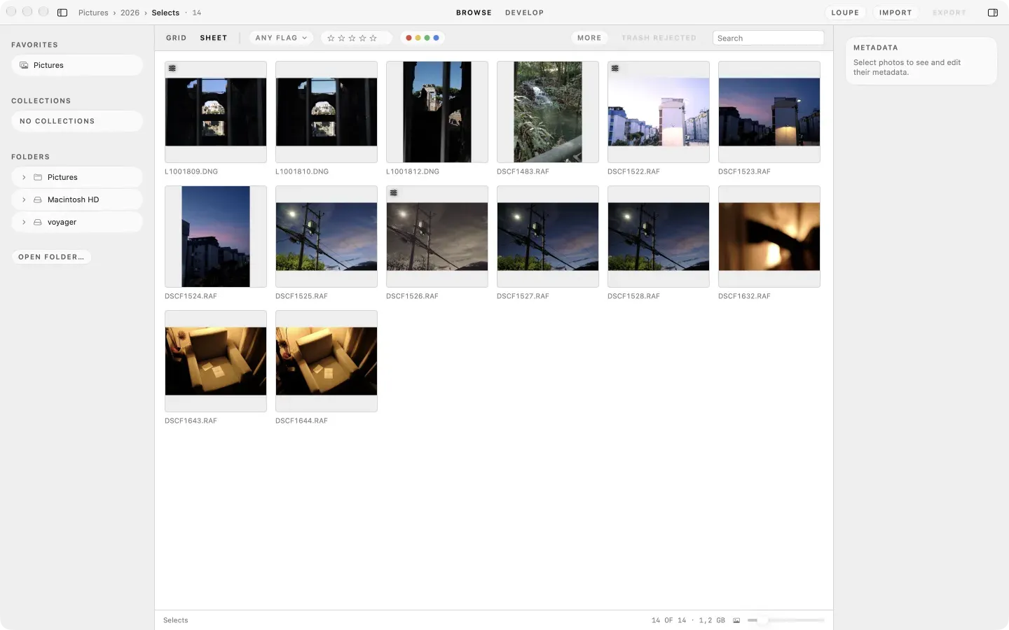 Browse in the Sheet view: fourteen frames on a contact sheet, with the flag, star and colour filters across the top, the folder tree on the left and the metadata panel on the right