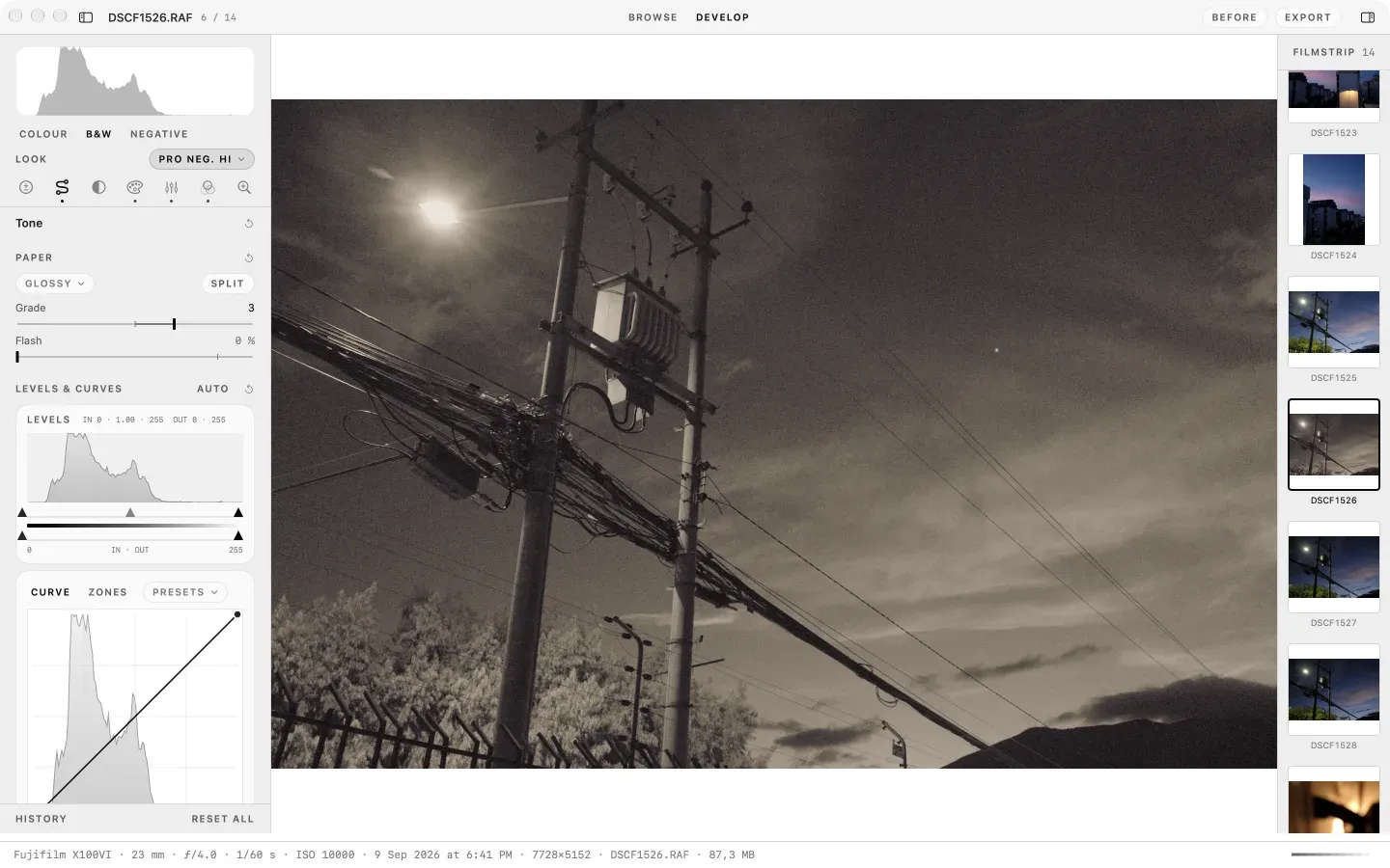 The Tone tab in black and white: Paper set to glossy, grade 3, flash 0 percent, then Levels and Curves, over a night frame of power lines and the moon