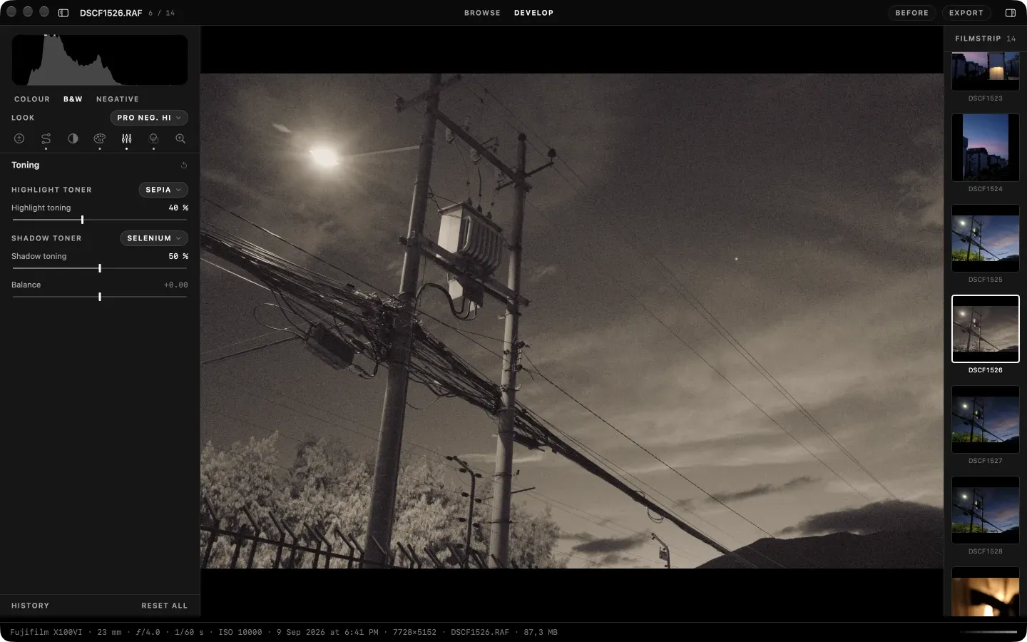 The Toning tab, dark appearance: sepia in the highlights at 40 percent, selenium in the shadows at 50 percent