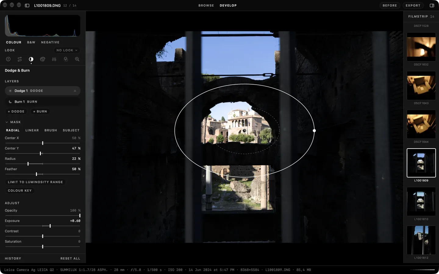 Develop on the Dodge and Burn tab, dark appearance: a dodge layer with its radial mask drawn on the canvas round a lit window in a dark ruin
