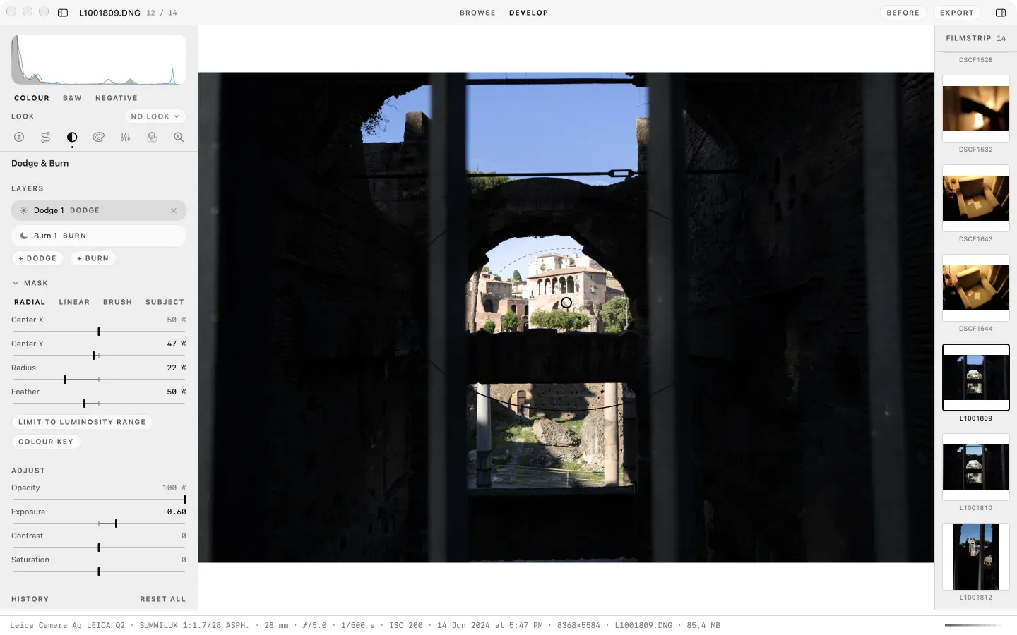 Develop on the Dodge and Burn tab: a dodge layer selected, its radial mask drawn on the canvas round a lit window in a dark ruin, the mask controls and the layer's own exposure below